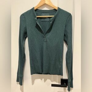 aerie Ribbed Long Sleeve Henley Top in Forest Teal